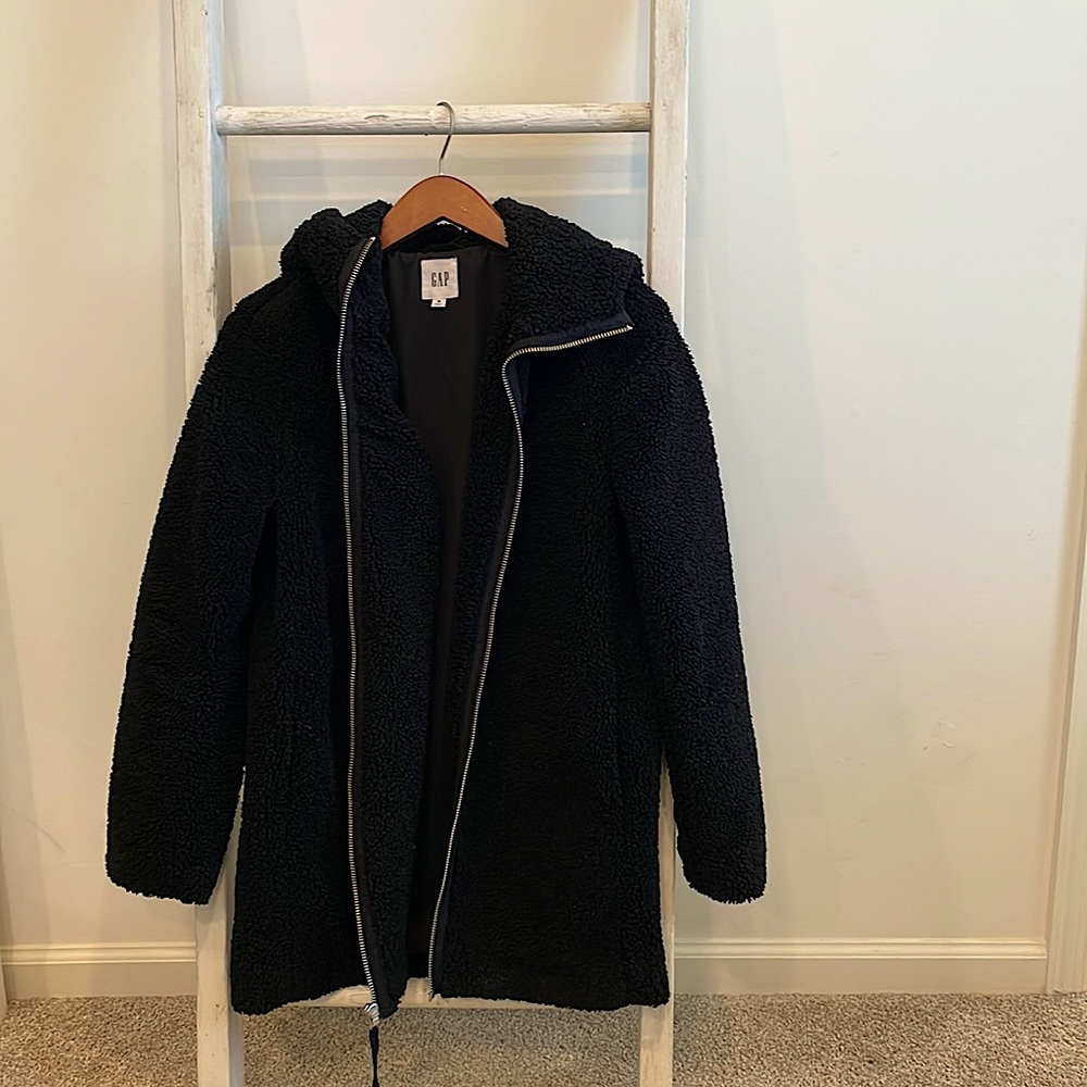 GAP Hooded Zip Front Teddy Coat Jacket Hooded,Size XS, True Black